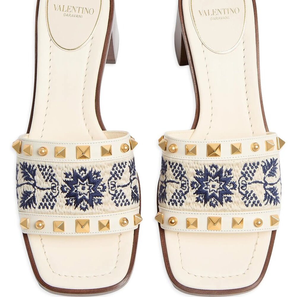 Valentino County Rockstud Slide Sandals Embroidered Mules Heels Shoes - Picture 3 of 16